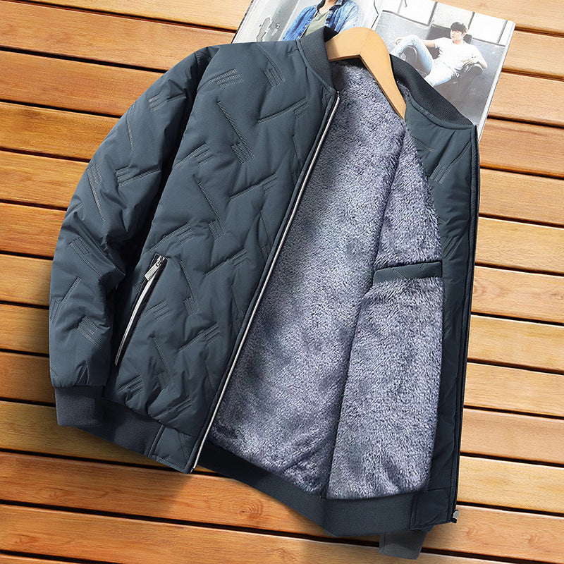 Mens Fleece Lined Winter Jacket - Stand Collar Zip Up Padded Coat