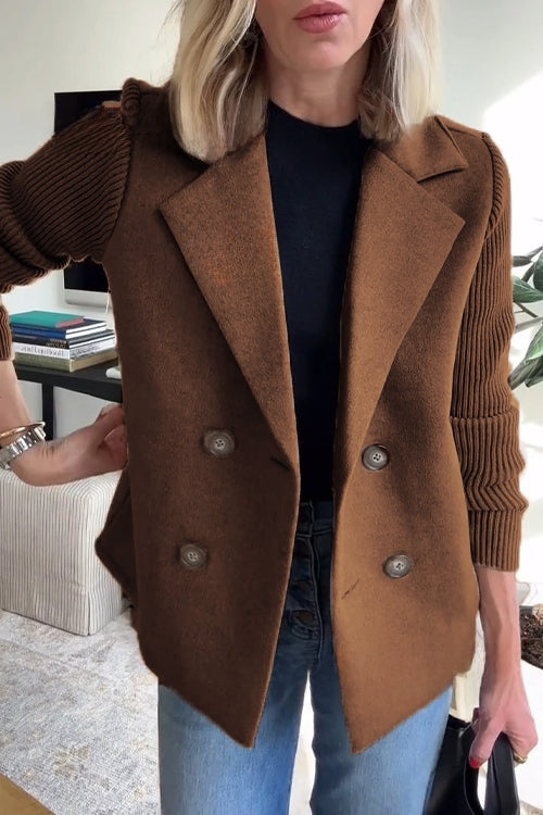 Womens Double Breasted Coat - Suit Collar Textured Hip Length
