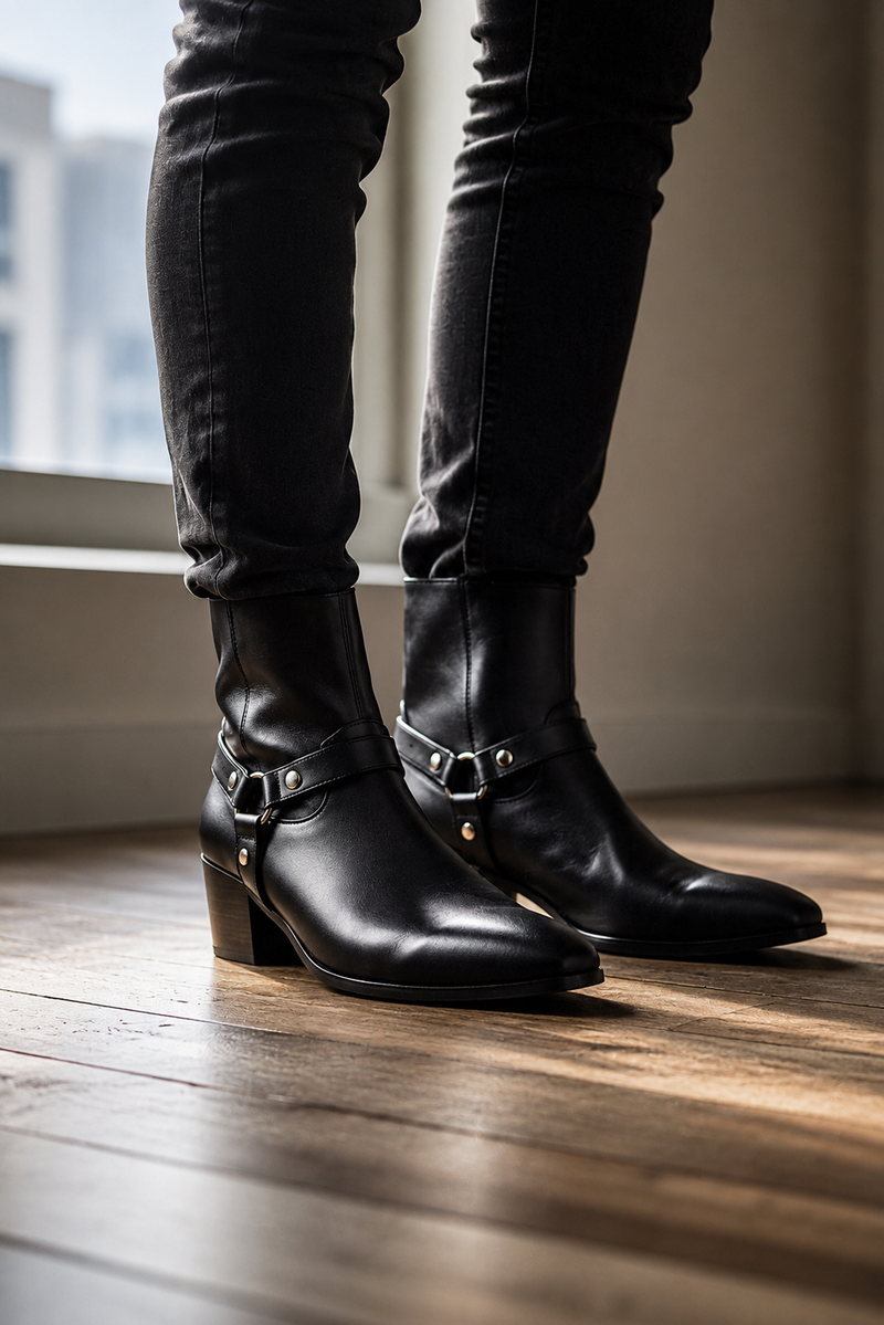 Mens Pointed Toe Ankle Boots - Chelsea Style Dress Boots, Side Zip Mid Heel