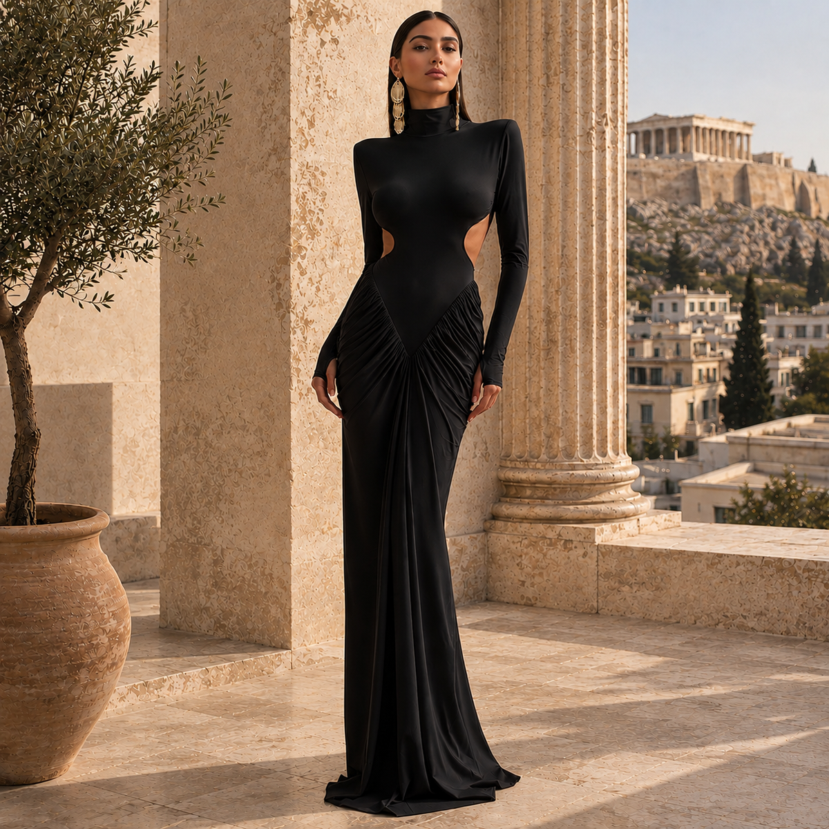 Womens Bodycon Maxi Dress - High Neck Backless Long Sleeve
