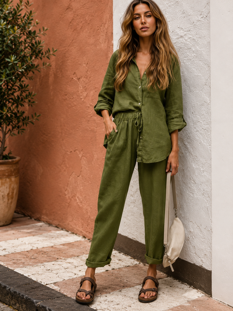 Womens Linen Two Piece Set - Co Ord Shirt and Wide Leg Pants