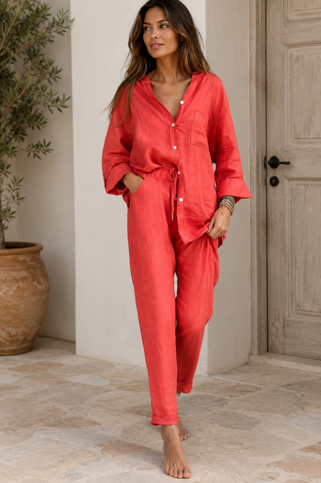 Womens Linen Two Piece Set - Co Ord Shirt and Wide Leg Pants