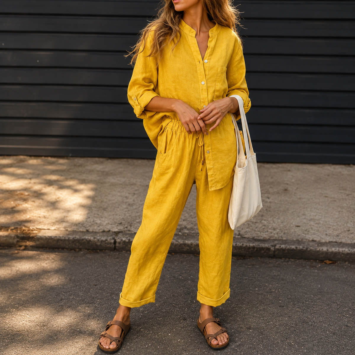 Womens Linen Two Piece Set - Co Ord Shirt and Wide Leg Pants