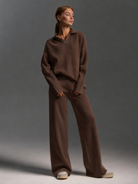 Women's Knit Hoodie and Wide Leg Pants Set - Two Piece Knitted Lounge Set, Cozy Fall & Winter Co Ord
