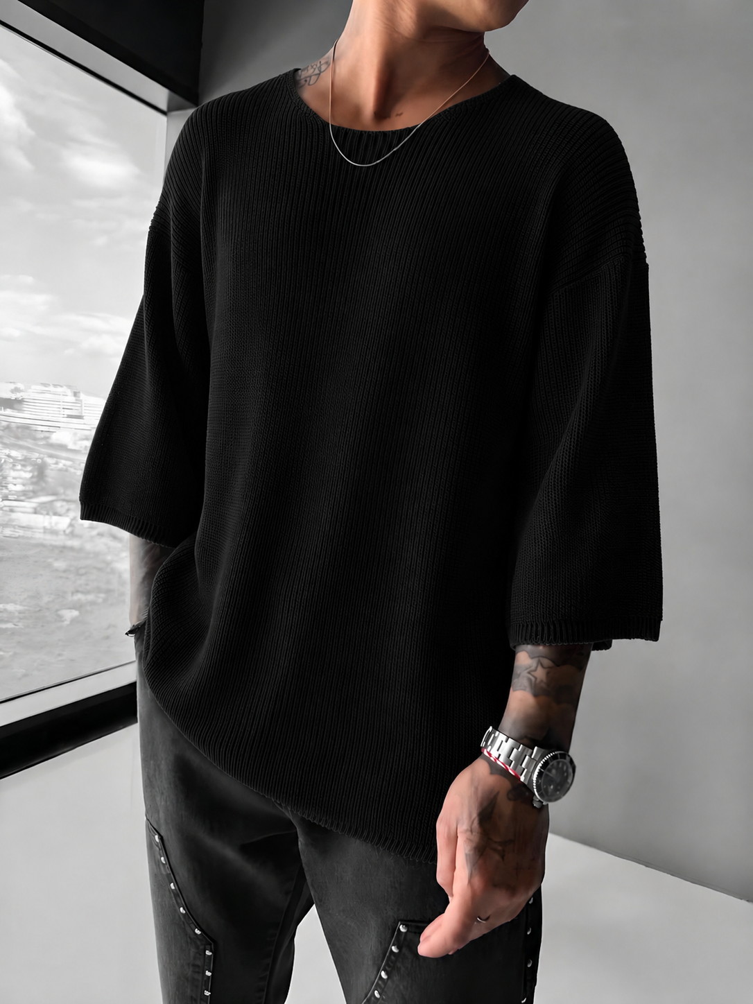 Unisex Chunky Knit Sweater Crew Neck Ribbed Oversized Pullover Streetwear Fall Winter Casual Fashion Clothing for Men & Women