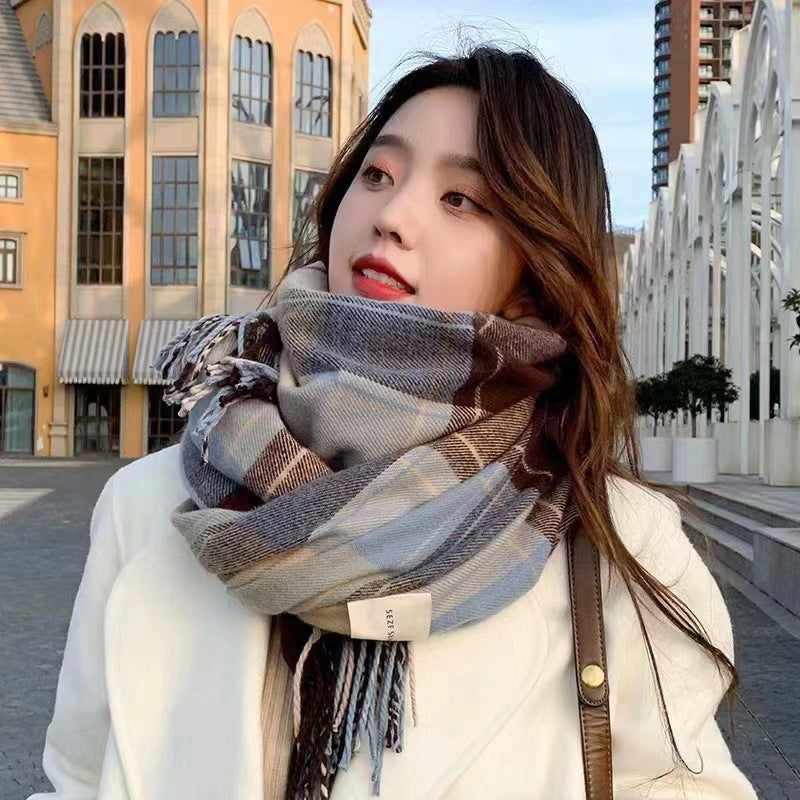 Womens Winter Scarf - British Grid Check Warm Blanket Scarf