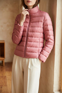 Women's Cropped Puffer Jacket - Lightweight Stand Collar Down Jacket for Fall & Winter