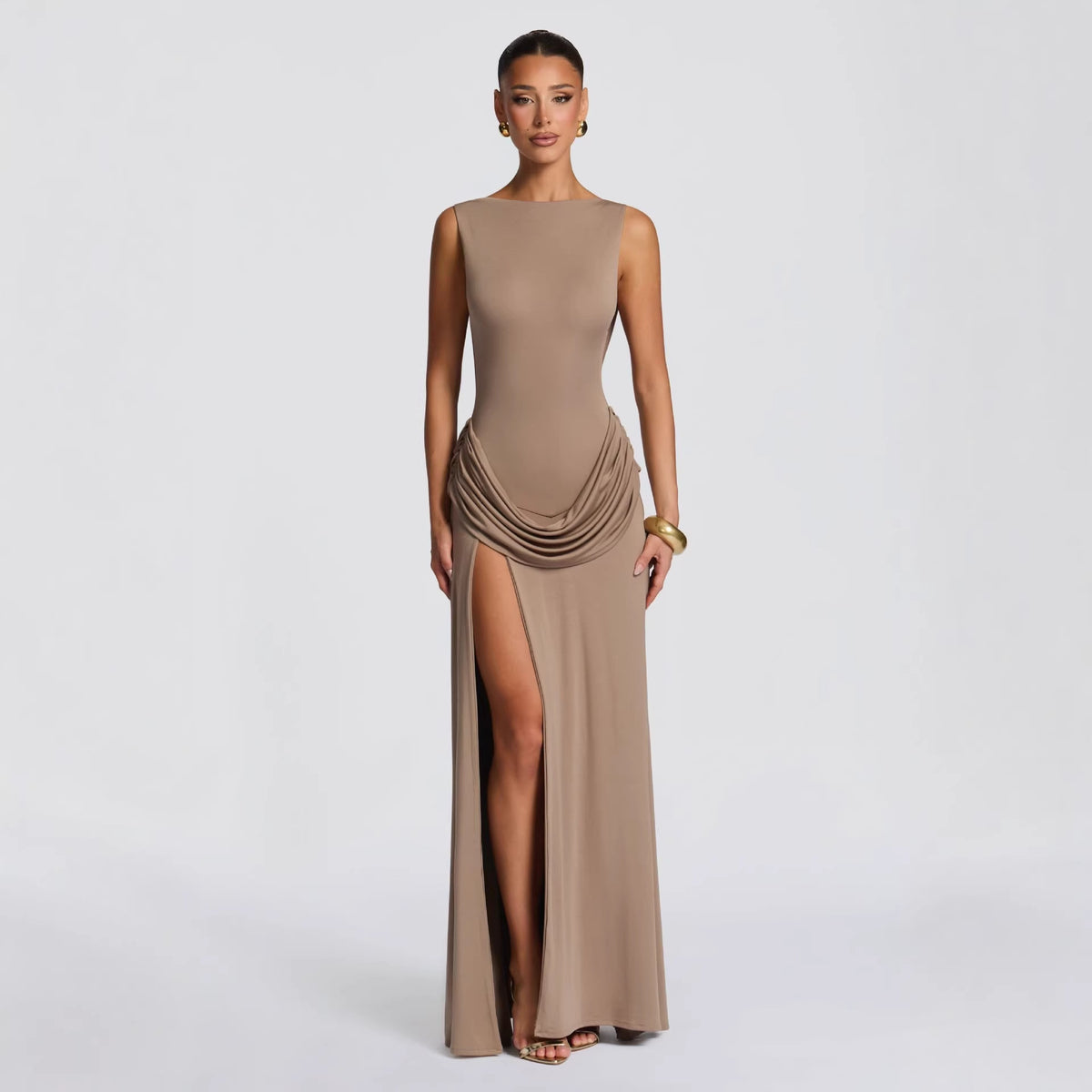 Womens Long Sleeve Bodycon Maxi Dress - Draped Open Back