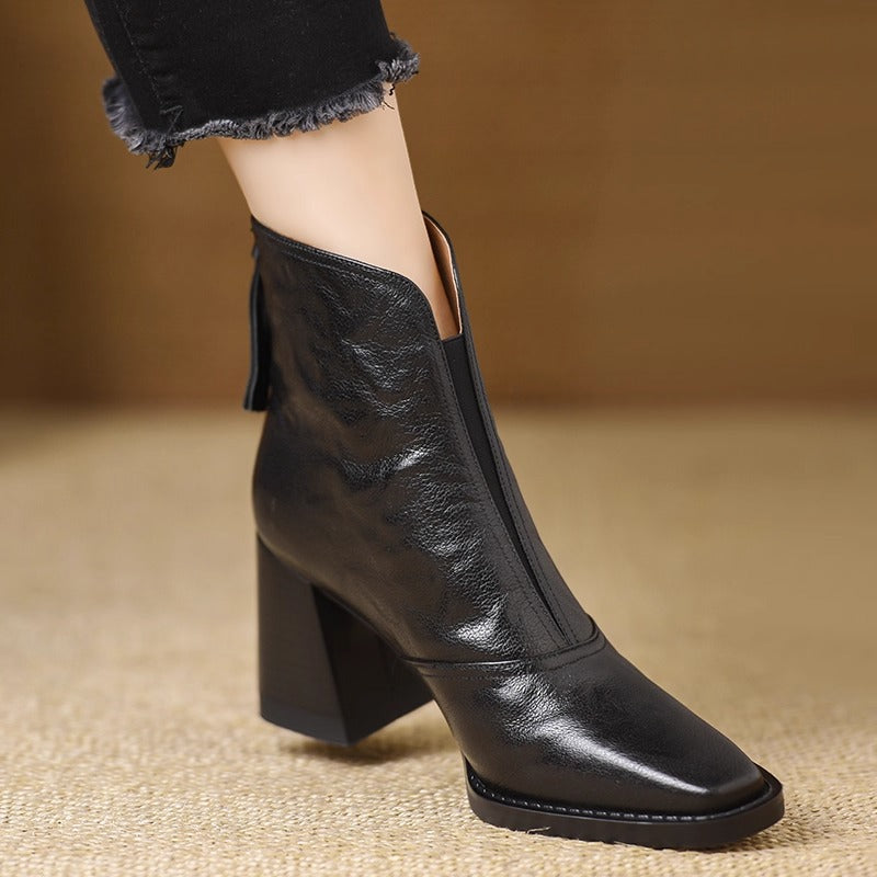 Women's Square Toe Ankle Boots - Block Heel Faux Leather Booties for Fall & Winter