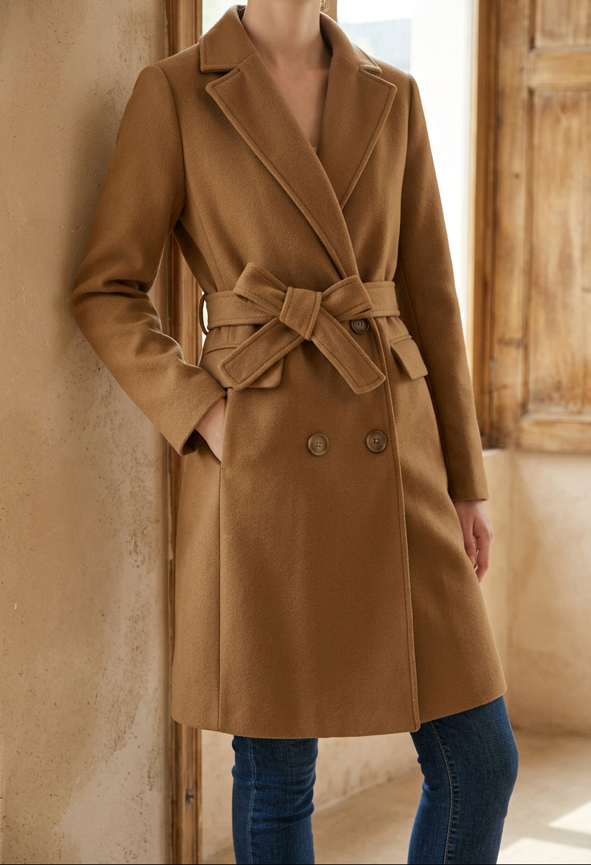 Women's Belted Camel Coat - Double Breasted Long Peacoat, Winter Overcoat