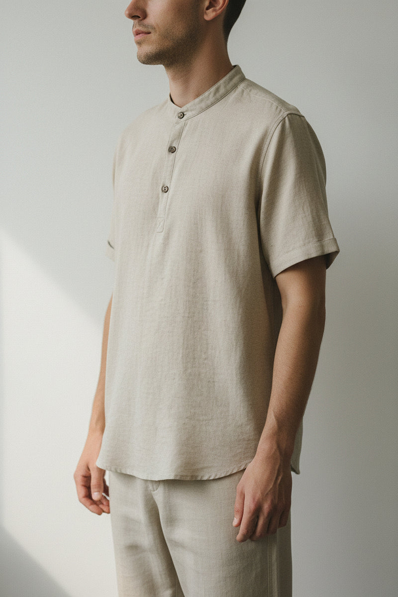 Mens 70% Linen Polo Shirt - Stand Collar Short Sleeve Summer Top