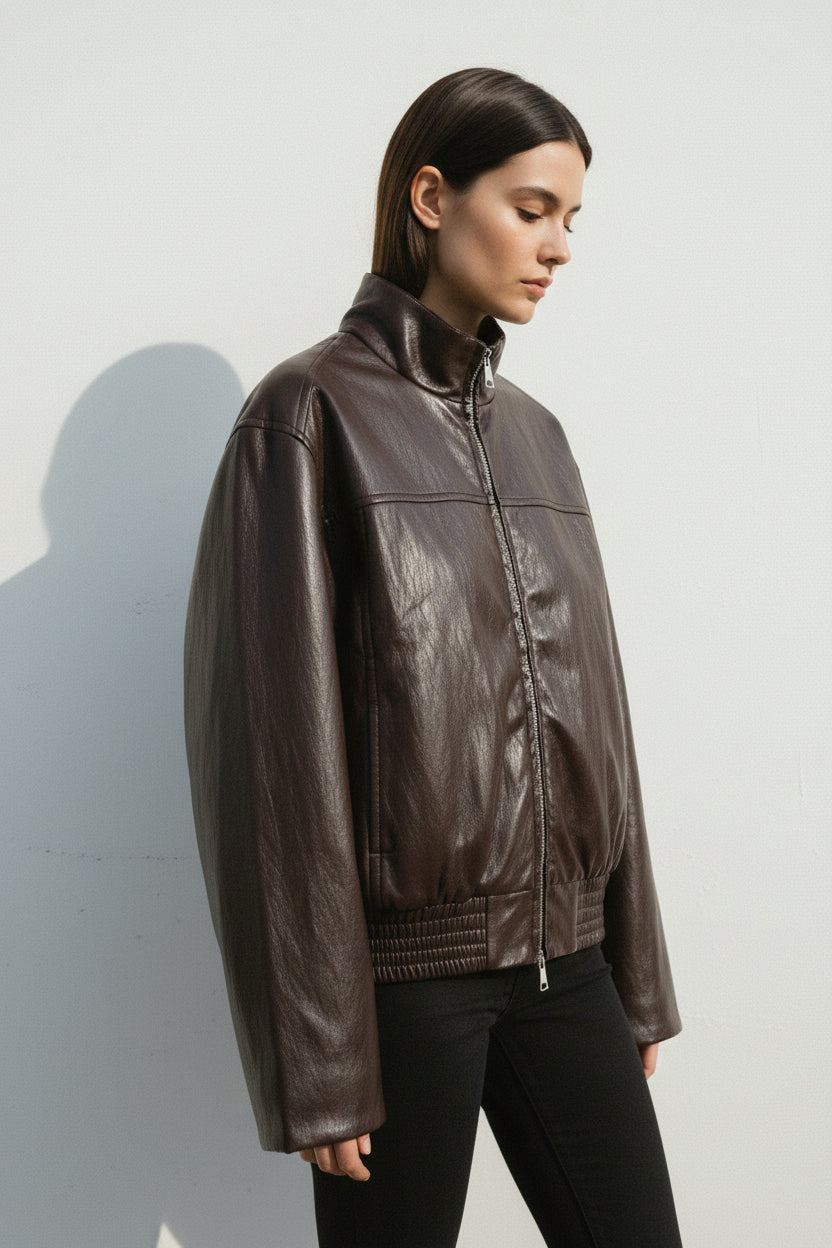 Womens Faux Leather Moto Jacket - Brown Cropped Biker Jacket, Zip Front Lapel Collar