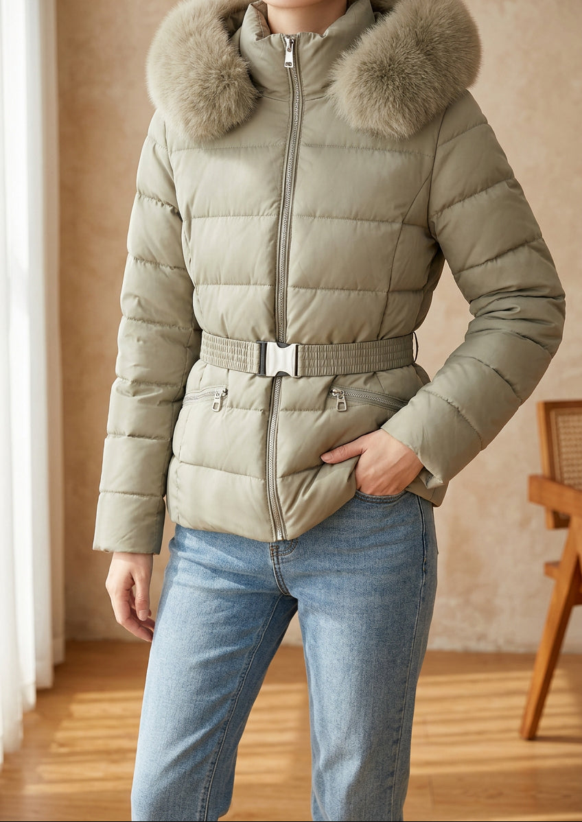 Women's Belted Puffer Jacket - Short Down Coat with Faux Fur Hood, Warm Winter Jacket