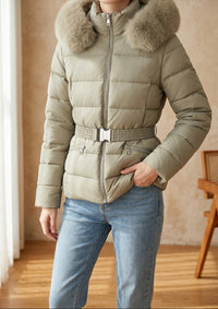 Women's Belted Puffer Jacket - Short Down Coat with Faux Fur Hood, Warm Winter Jacket