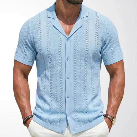 Mens Striped Knitted Polo Shirt - Short Sleeve Retro Knit Polo