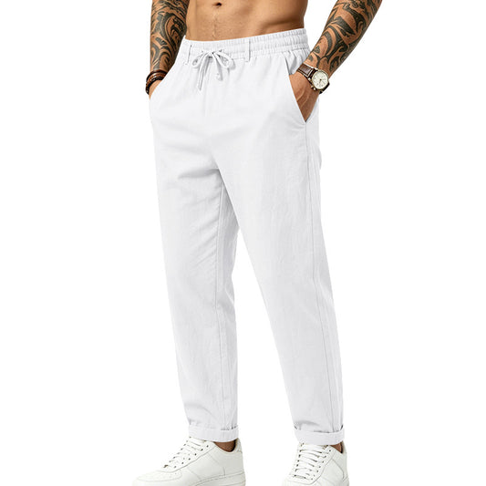 Mens Linen Drawstring Trousers - Casual Elasticated Summer Pants