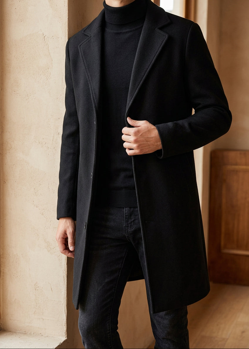 Men's Long Overcoat - Single Breasted Notch Lapel Winter Coat, Slim Fit Topcoat