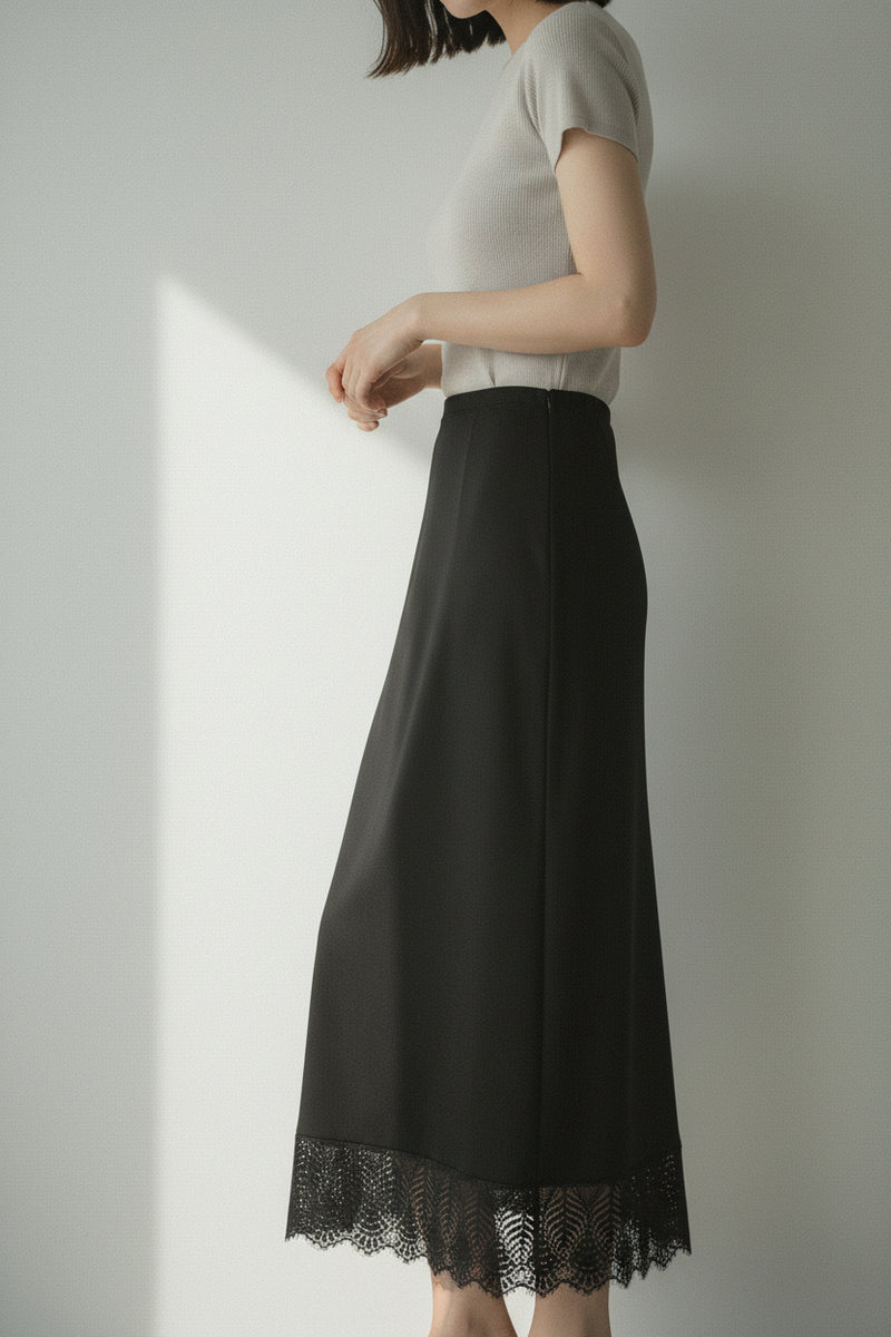 Womens Satin Slip Skirt - Lace Trim Midi Underskirt Petticoat