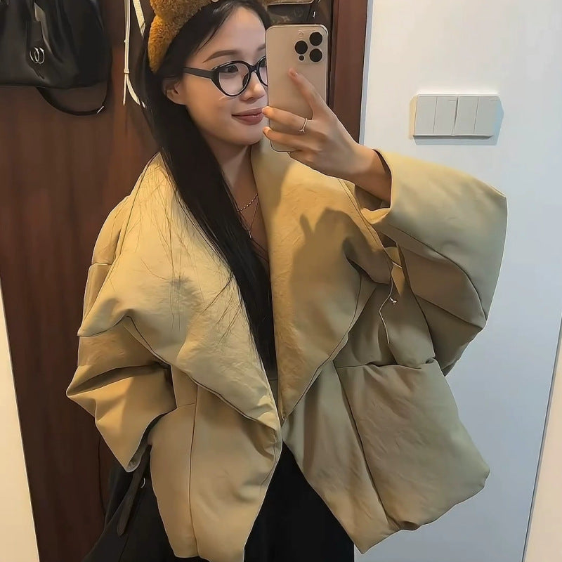 Womens Short Puffer Jacket - Lapel Collar Button Front Padded Coat