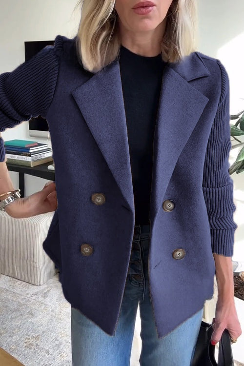 Womens Double Breasted Coat - Suit Collar Textured Hip Length