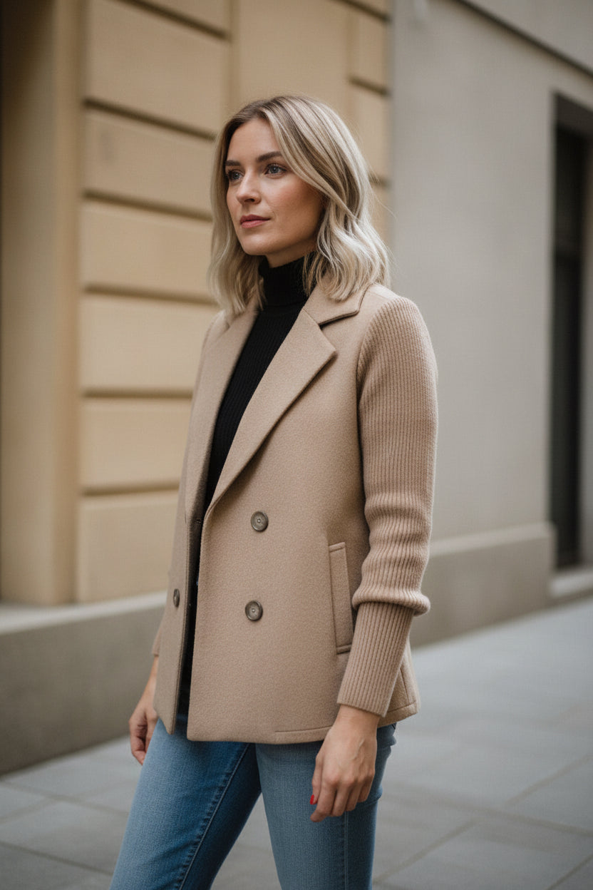 Women's Double Breasted Coat - Hip Length Winter Overcoat with Suit Collar, XS-5XL