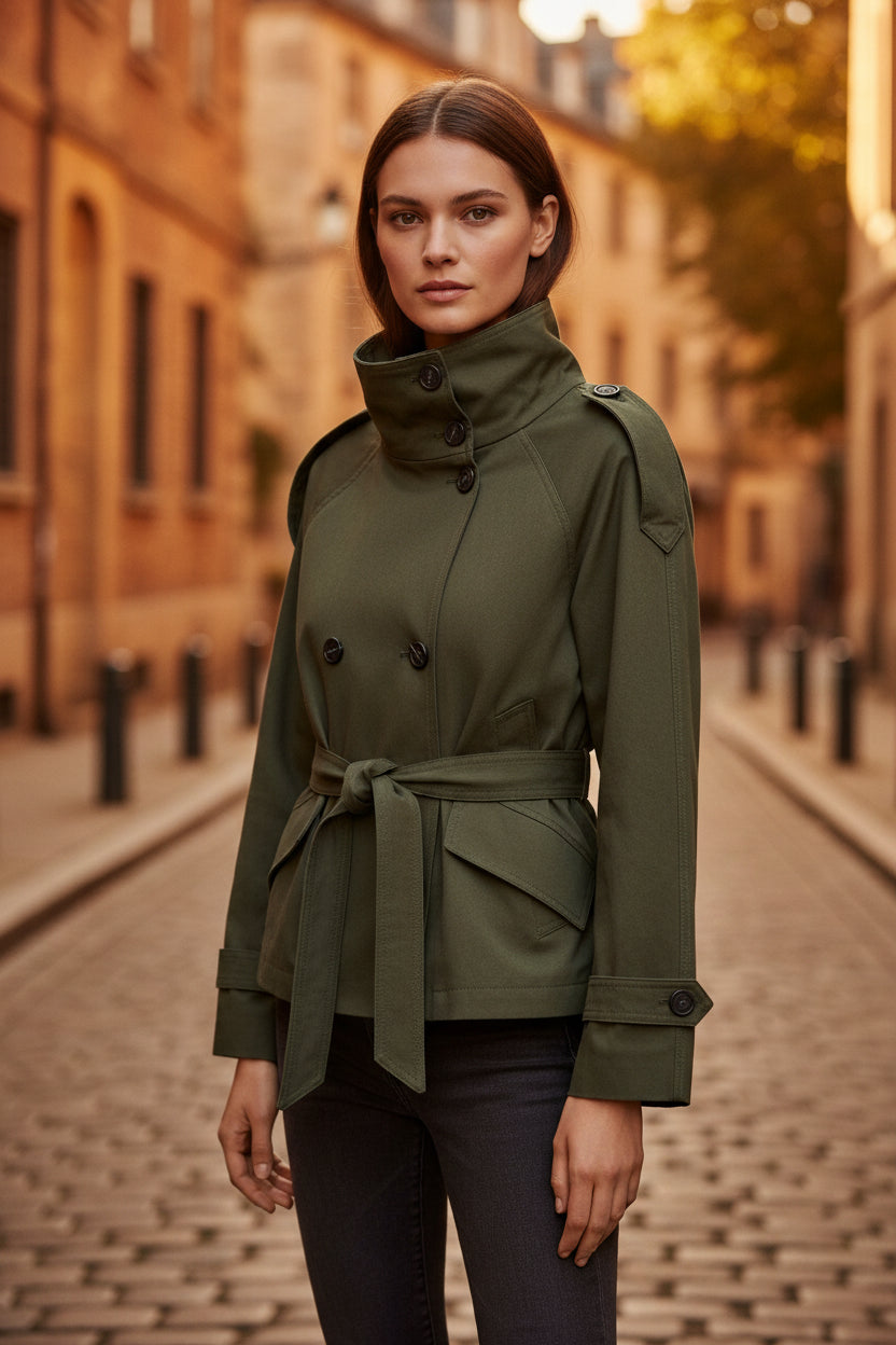 Womens Double Breasted Windbreaker Jacket - Retro Belted Short Cropped Trench Coat