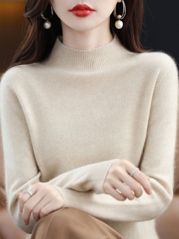 Womens Mock Neck Knitted Sweater - Loose Fit Winter Pullover