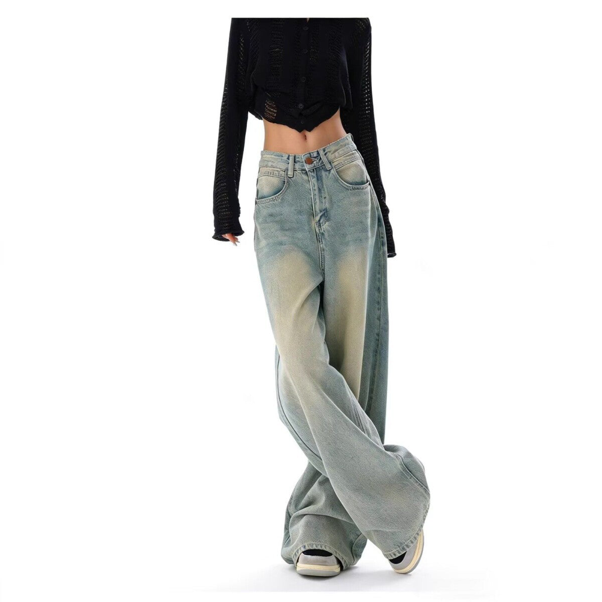 Mens Wide Leg Jeans - High Waist Washed Vintage Denim Trousers