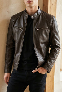 Men's Faux Leather Moto Jacket - Stand Collar Zip Up Biker Jacket for Fall