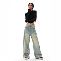 Mens Wide Leg Jeans - High Waist Washed Vintage Denim Trousers