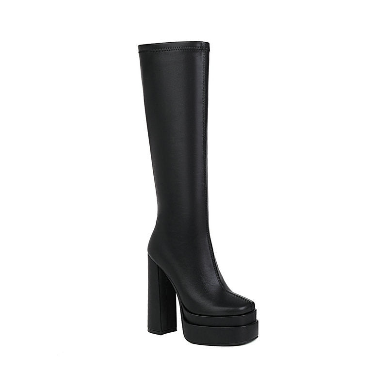 Women's Platform Knee High Boots - Chunky Heel Faux Leather Tall Boots for Fall & Winter