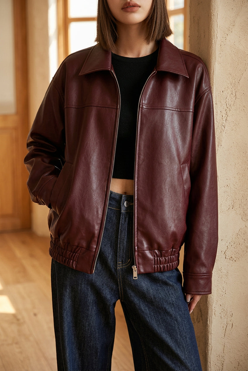 Women's Oversized Faux Leather Jacket - Vintage Zip Up Bomber Jacket for Fall