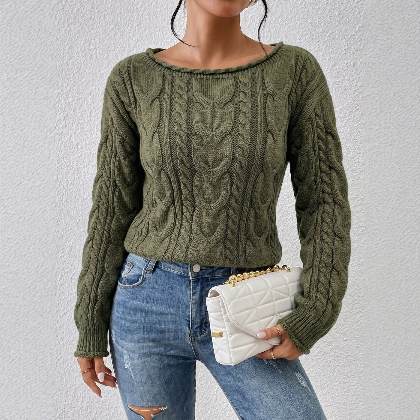 Womens Oversized Cable Knit Sweater - Chunky Off Shoulder Jumper