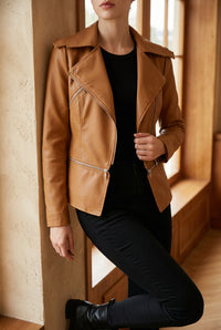 Women's Faux Leather Moto Jacket - Asymmetric Zip Slim Fit Biker Jacket for Fall