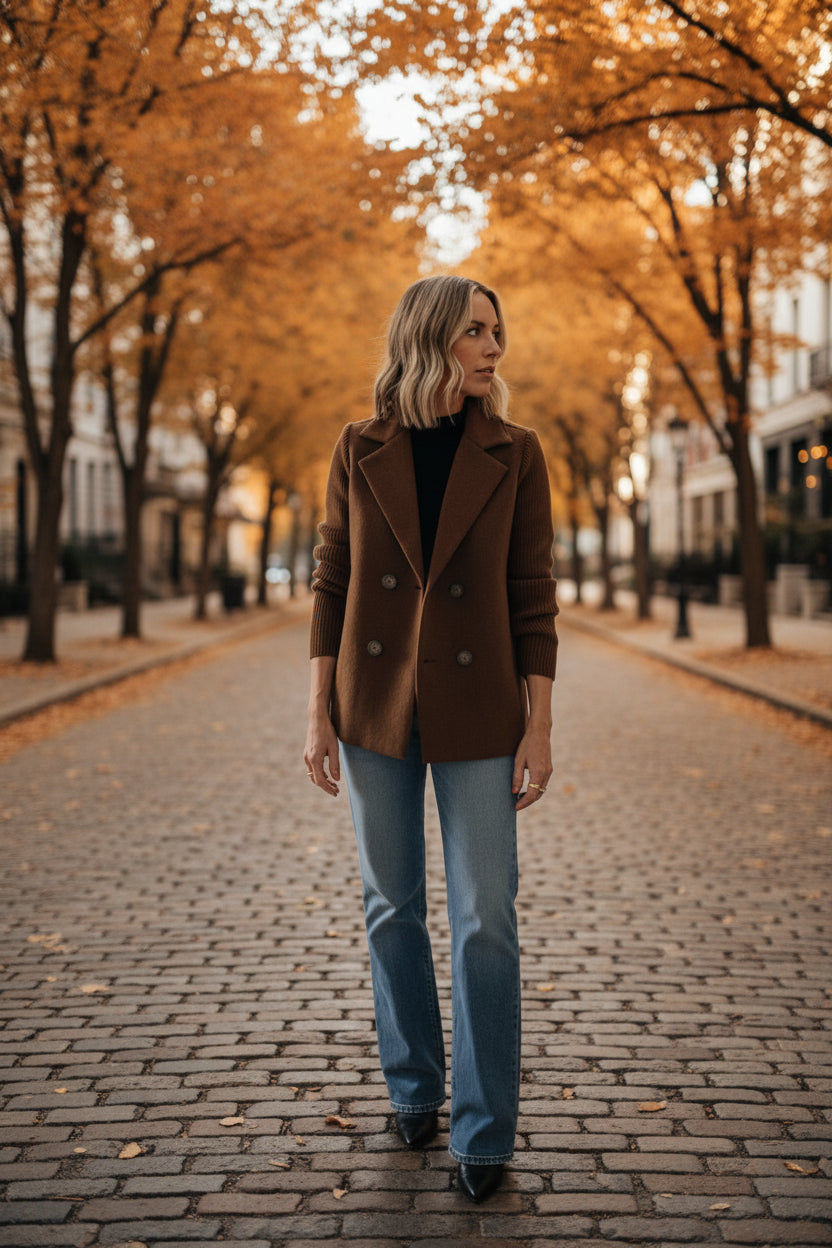 Women's Double Breasted Coat - Hip Length Winter Overcoat with Suit Collar, XS-5XL