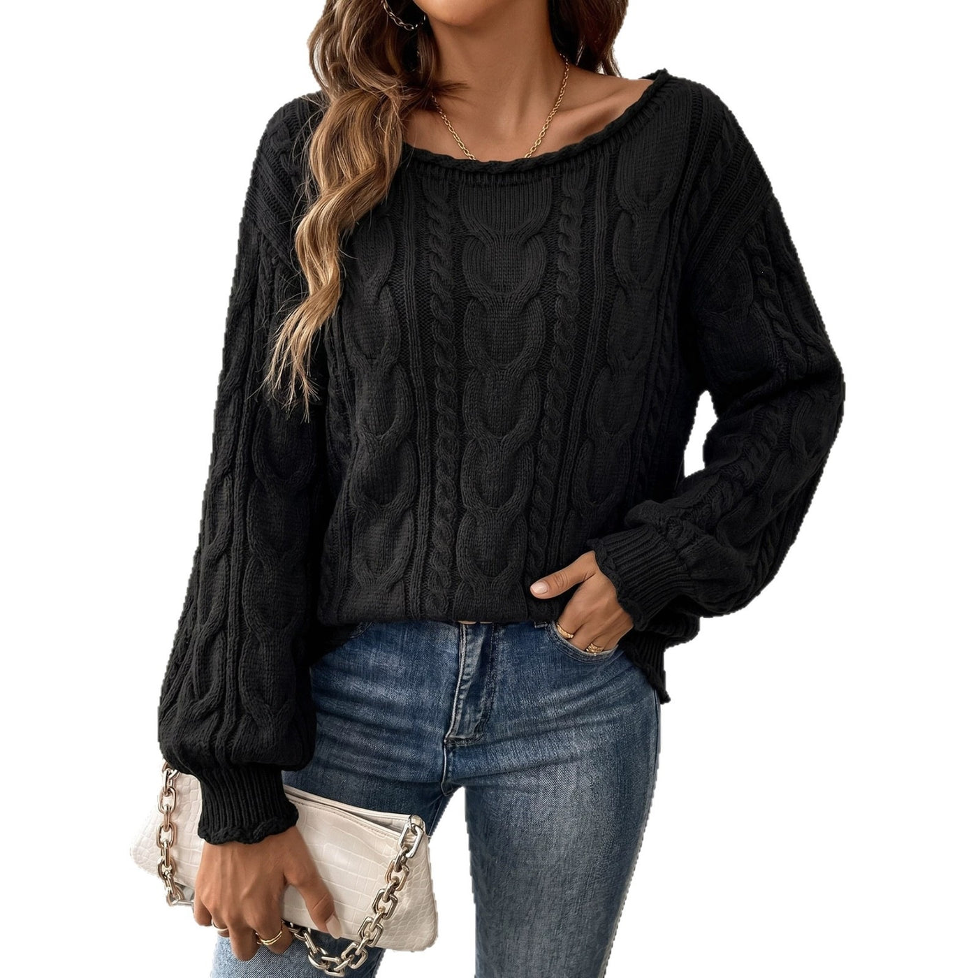 Womens Oversized Cable Knit Sweater - Chunky Off Shoulder Jumper