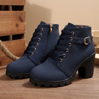 Women's Chunky Heel Combat Boots - Lace Up Side Zip Ankle Booties for Fall & Winter