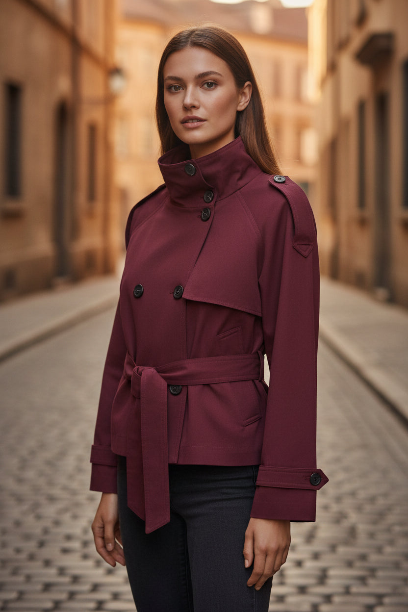 Womens Double Breasted Windbreaker Jacket - Retro Belted Short Cropped Trench Coat