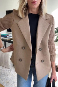 Womens Double Breasted Coat - Suit Collar Textured Hip Length