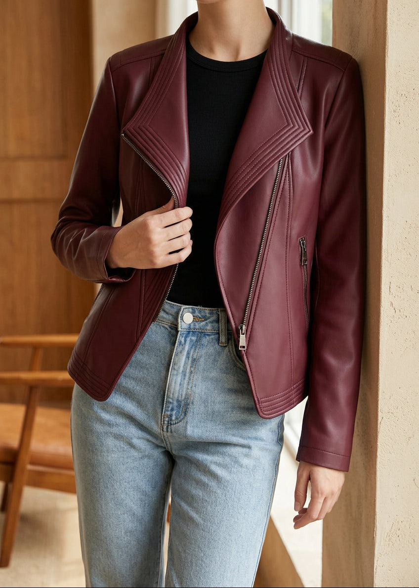 Women's Faux Leather Moto Jacket - Lapel Collar Zip Up Biker Jacket for Fall