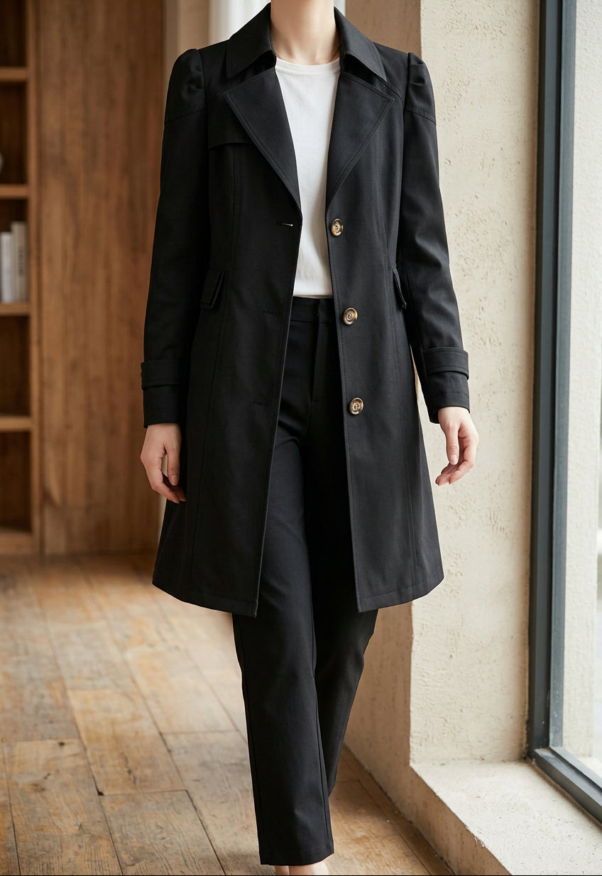 Women's Classic Trench Coat - Single Breasted Mid Length Lapel Coat for Fall