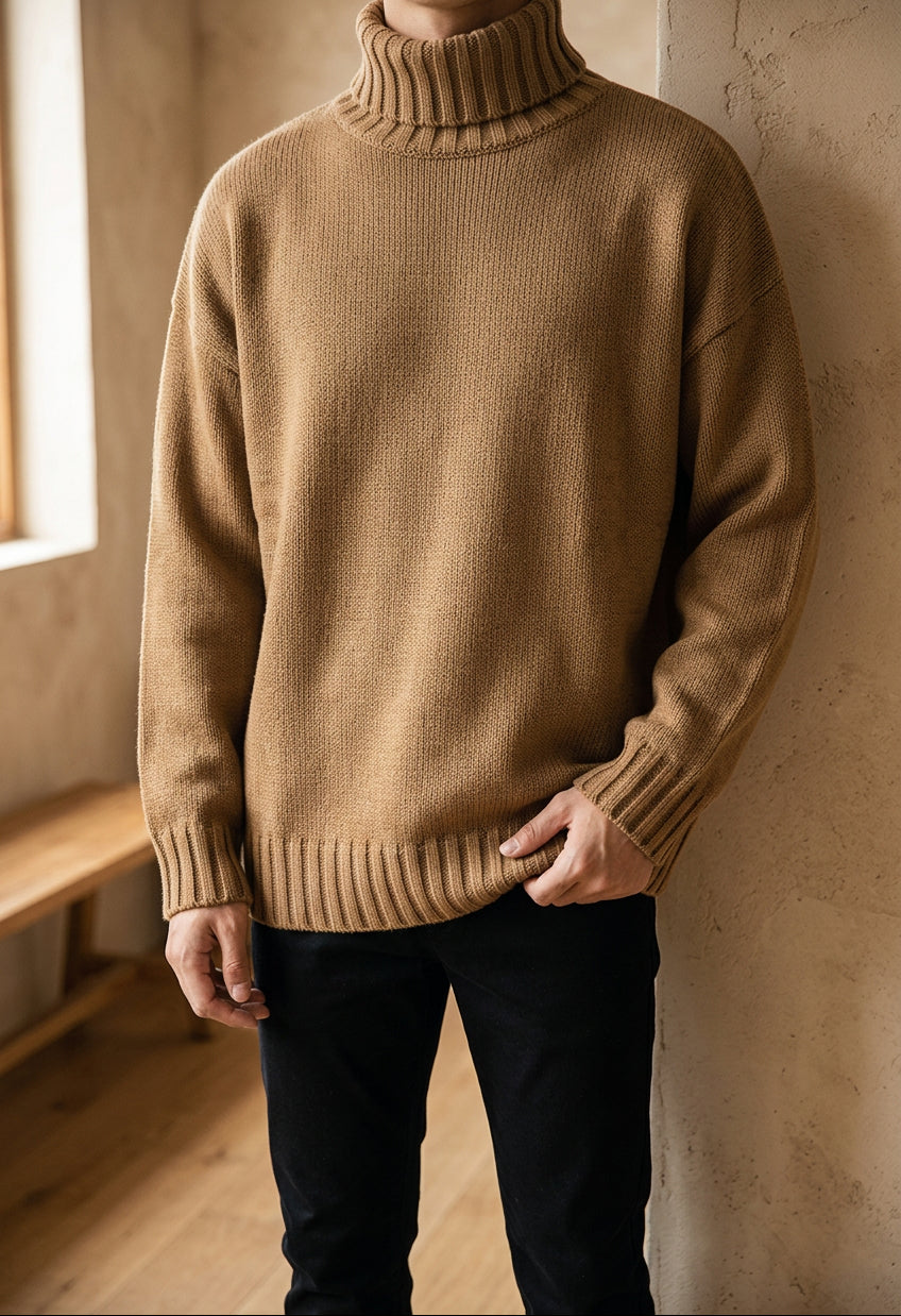Men's Chunky Turtleneck Sweater - Oversized Knit Pullover, Warm Winter Jumper