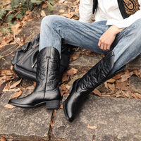 Men's Embroidered Western Cowboy Boots with Wooden Heel - Classic Fall Boots