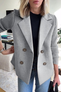Womens Double Breasted Coat - Suit Collar Textured Hip Length