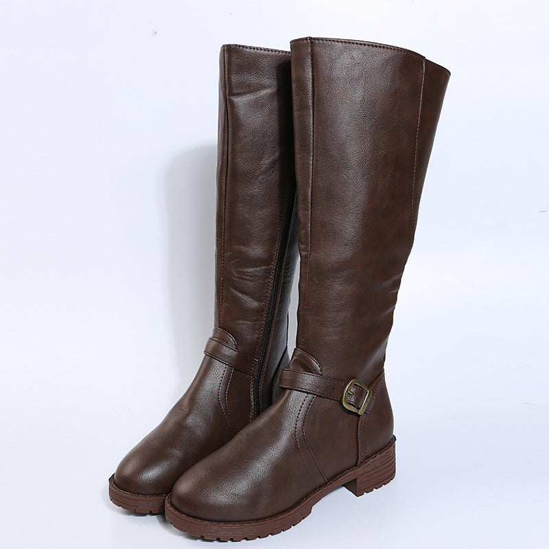 Women's Knee High Riding Boots - Buckle Low Heel Side Zip Tall Boots for Fall