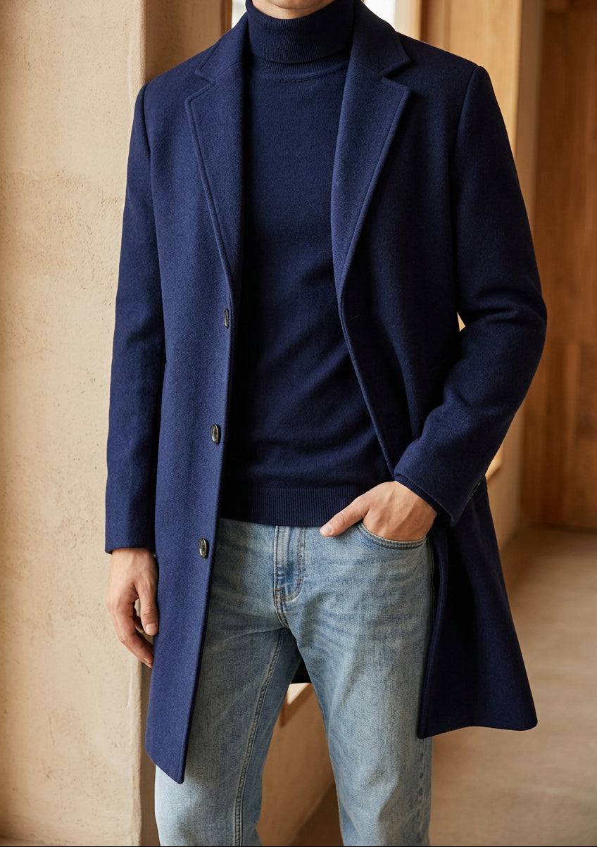 Men's Long Overcoat - Single Breasted Notch Lapel Winter Coat, Slim Fit Topcoat