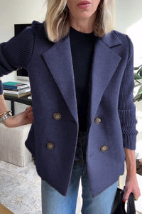Womens Double Breasted Coat - Suit Collar Textured Hip Length