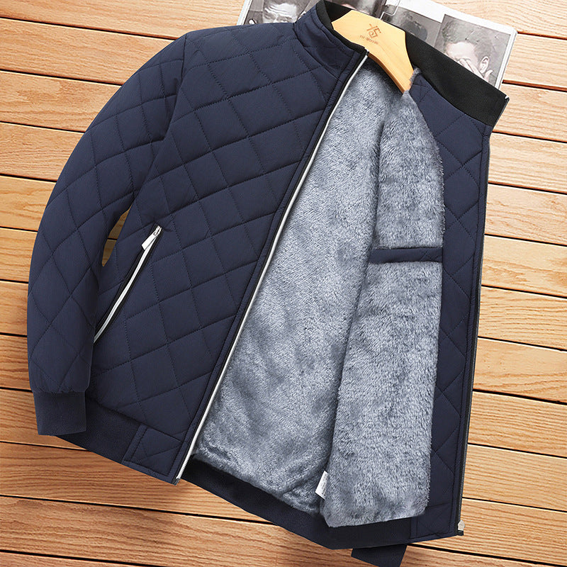 Mens Fleece Lined Winter Jacket - Stand Collar Zip Up Padded Coat