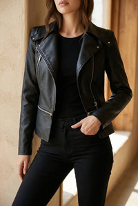 Women's Faux Leather Moto Jacket - Asymmetric Zip Slim Fit Biker Jacket for Fall