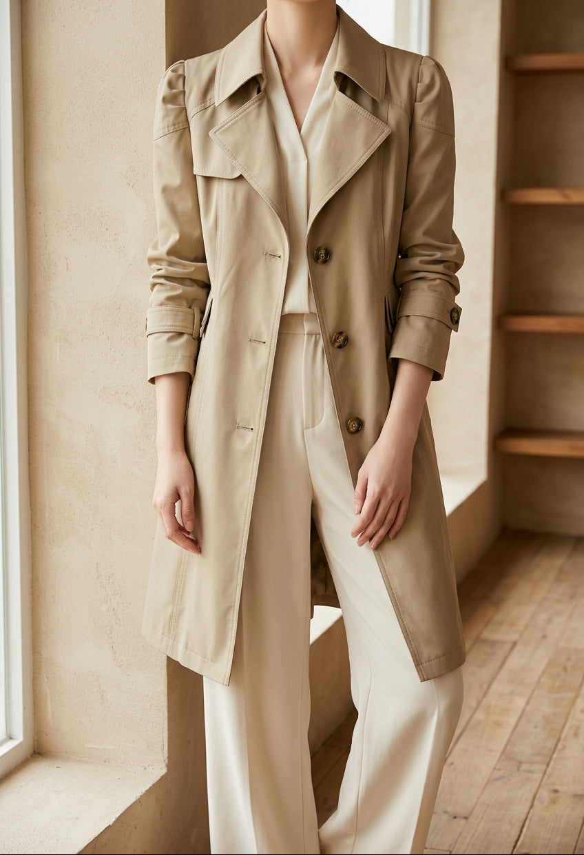 Women's Classic Trench Coat - Single Breasted Mid Length Lapel Coat for Fall